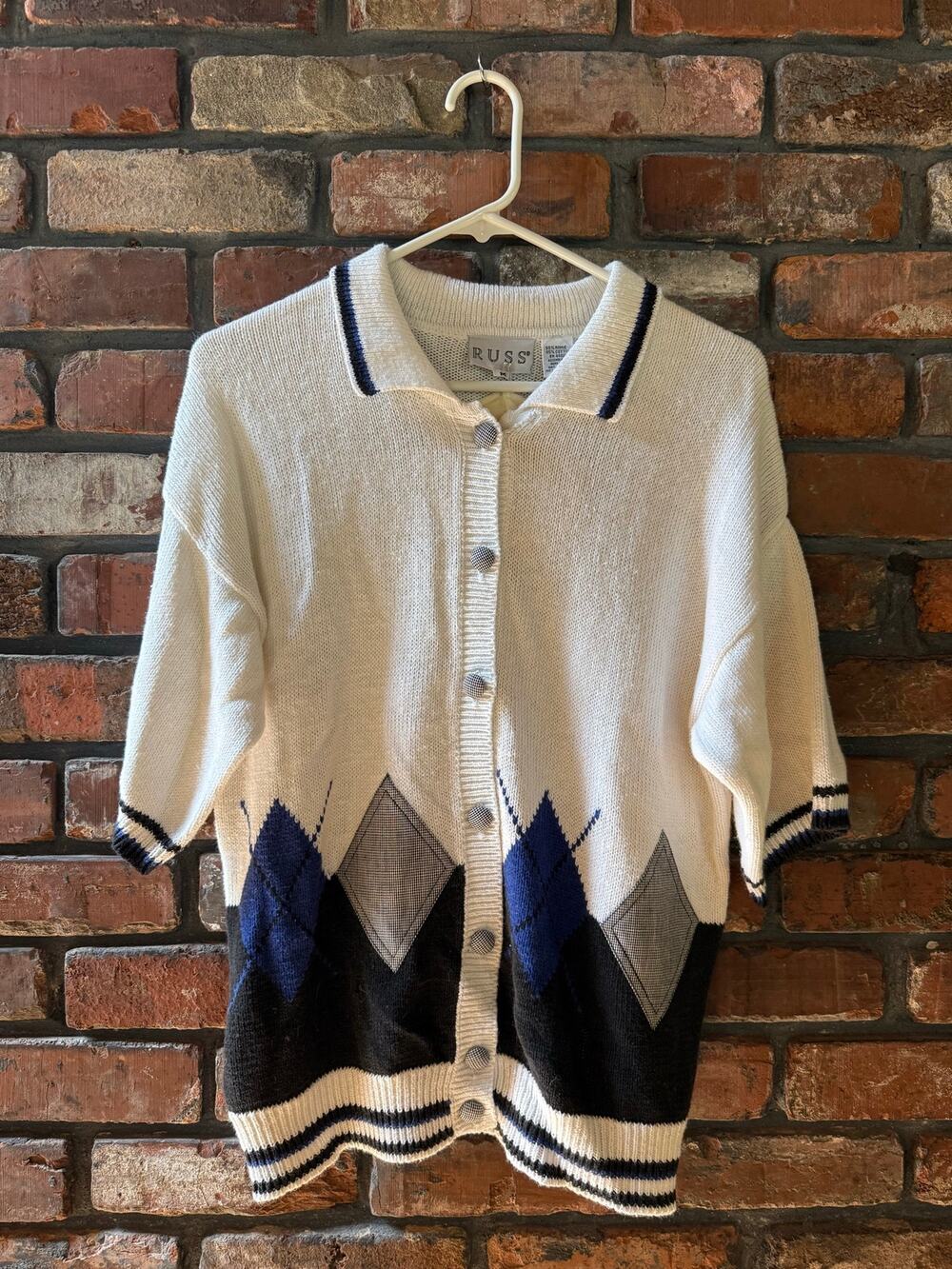 Vintage Russ Argyle Short-Sleeve Cardigan Sweater